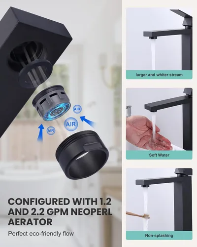 Miniatura 4 de Llave de fregadero de lavabo negro mate, ARCORA llave de baño alta de una sola manija, llave de lavabo de un solo agujero para tocador con desagüe