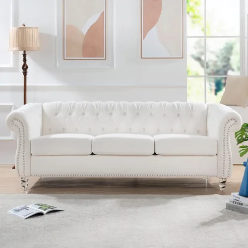 Miniatura 15 de Sofá Chesterfield moderno de 83.5 pulgadas, sofá de 3 plazas con brazo enrollado, tapizado de cabeza de clavo, sofás de piel sintética para sala