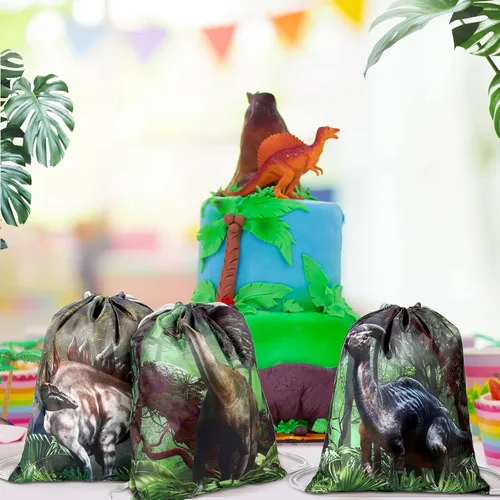 Miniatura 7 de 12 bolsas de recuerdos de fiesta de dinosaurios, regalo de dinosaurio con cordón, suministros de fiesta de cumpleaños, bolsas de regalo, mochila