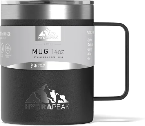 Miniatura 2 de Hydrapeak - Taza de viaje con doble aislamiento al vacío, de acero inoxidable, con asa integrada y tapa a presión (354.88 ml), Taza de café, Negro