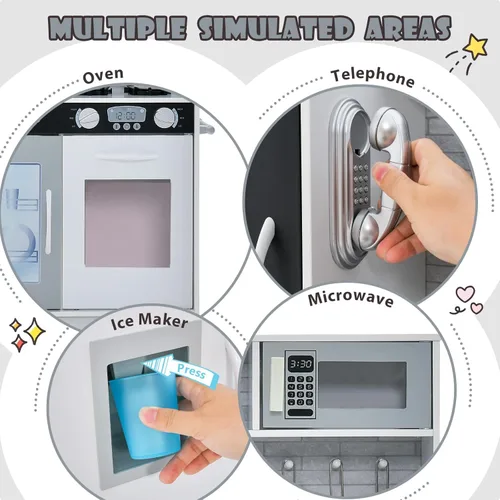 Miniatura 3 de Costzon Juego de Cocina para Niños, Set de Juguetes de Cocina de Madera de Simulación con Sonido Realista, Pizarra Grande, Teléfono, Microondas, gris