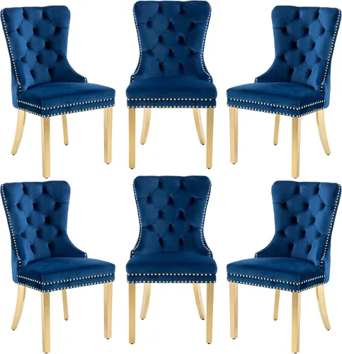 Miniatura 18 de Civama Juego de 2 sillas de comedor, elegantes sillas de comedor de terciopelo capitonado de lujo con patas doradas y adornos de clavos, tirador