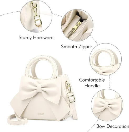 Miniatura 5 de Bolsos pequeños para mujeres tipo bandolera, bolso cruzado de cuero vegano y carteras con asa superior de transporte y lindo nudo de lazo