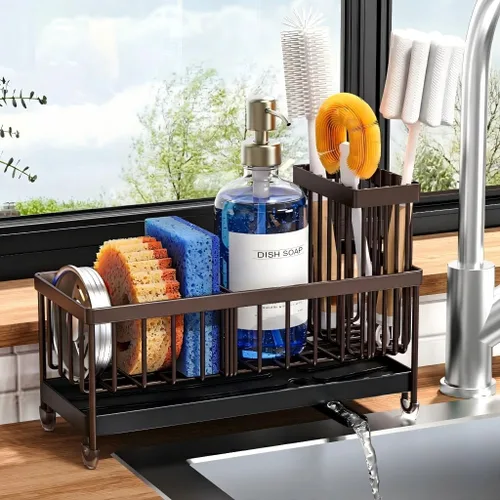 Miniatura 10 de Cisily Soporte de esponja negro extra grande para fregadero de cocina, organizador de fregadero con soporte alto para cepillos, organizadores