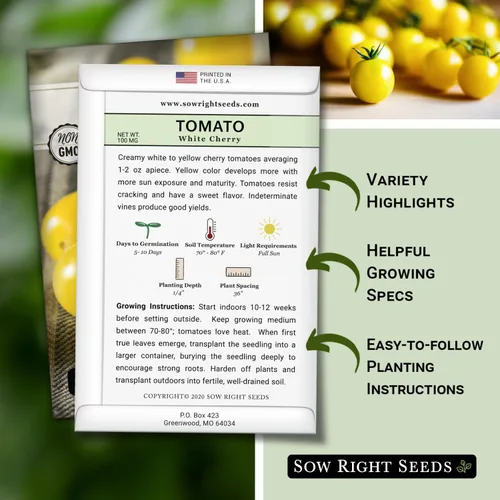 Miniatura 2 de Sow Right Seeds - Semilla de tomate cereza blanca para plantar - Paquete de reliquia sin OMG con instrucciones para plantar un huerto casero