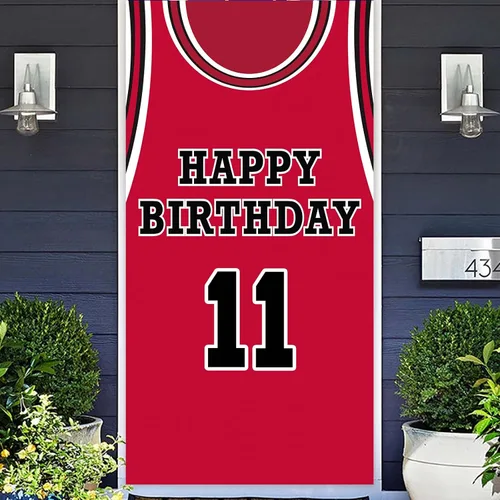 Miniatura 7 de Cartel de feliz cumpleaños 10 pancarta de fondo rojo de baloncesto estrella jugador de deportes decoración para hombre niño 10 cumpleaños