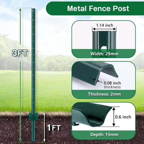 Miniatura 2 de Gtongoko Postes de valla de metal resistente de 3 pies, paquete de 10 postes de valla de canal en U con placa de anclaje, poste en T de acero verde