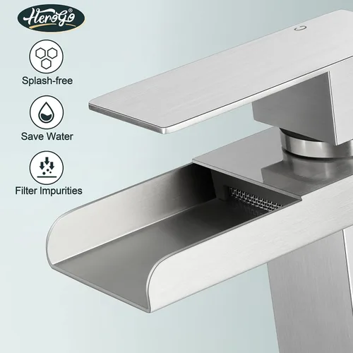Miniatura 4 de Herogo Grifo de baño en cascada, grifos de baño de níquel cepillado para fregadero de 1 o 3 agujeros con drenaje desplegable, grifo mezclador