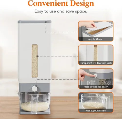 Miniatura 3 de Dispensador de arroz Lifewit 25 libras (11.3 kg), contenedor de almacenamiento de arroz sellado a prueba de humedad con taza de medición