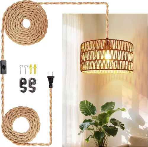 Miniatura 12 de Lámpara colgante de techo de ratán con cable de enchufe para sala de estar, dormitorio, cocina, interior, lámpara colgante enchufable con pantalla