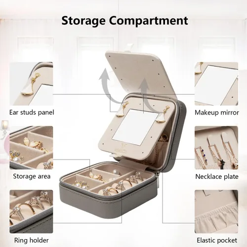Miniatura 3 de Vee - Joyero de viaje pequeño, organizador de joyas portátil con espejo, estuche de almacenamiento para aretes, anillos, collares, regalo