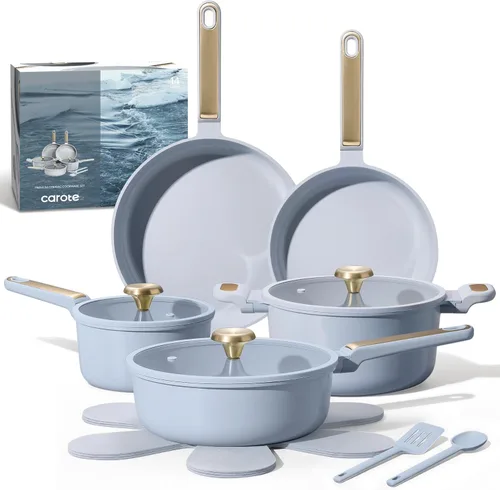 CAROTE Juego de utensilios de cocina de cerámica antiadherente, 14 ollas y sartenes antiadherentes, no tóxico y sin PFAS, lavavajillas, juego de