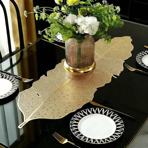 Miniatura 12 de FAVE Caminos de mesa dorados de 36 pulgadas resistentes al calor, camino de mesa de vinilo en forma de hoja, impermeable, lavable, manteles