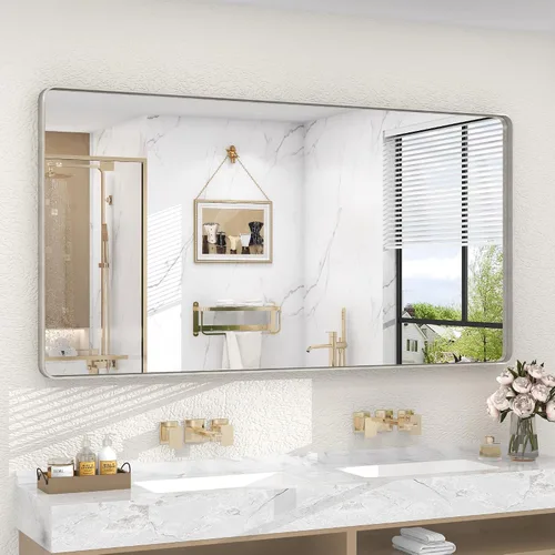 Miniatura 50 de Paquete de 2 espejos de baño con marco de metal negro de 22 x 30 pulgadas, espejo rectangular redondeado negro mate, antioxidante, se cuelga