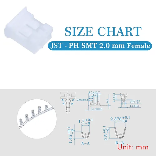 Miniatura 7 de CQRobot JST PH SMD Conector electrónico de computadora de 2 pines con paso de 2.0 mm Enchufes macho IC, carcasas de enchufes hembra y kit