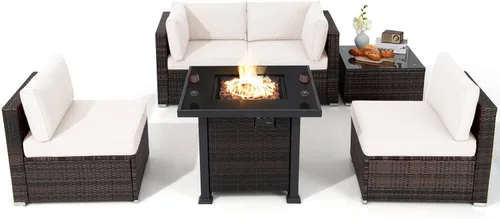 Miniatura 10 de Tangkula Juego de 6 piezas de mimbre para patio, juego de sofá de ratán para exteriores con mesa de fuego de propano de 32 pulgadas, calor de 50,000