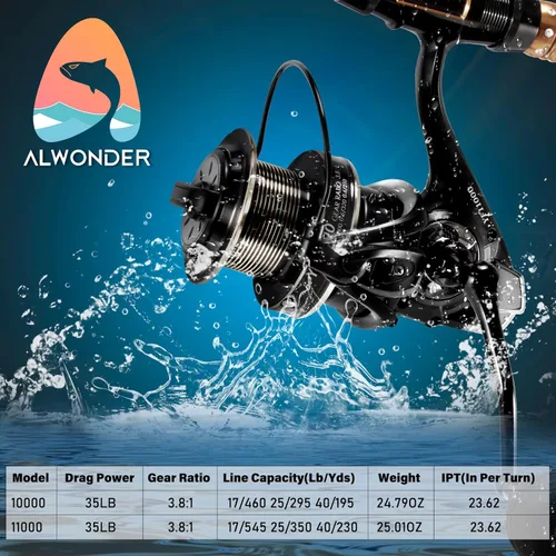Miniatura 2 de Alwonder Carrete giratorio de agua salada 10000/11000 carrete de pesca de surf grafito 13+1 acero inoxidable BBS 35LB Max Drag Heavy Duty Surf
