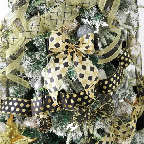 Miniatura 4 de HUIHUANG Cinta negra con alambre para árbol de Navidad, cintas de Navidad negras y doradas para decoración de árboles, lazos, coronas, guirnaldas