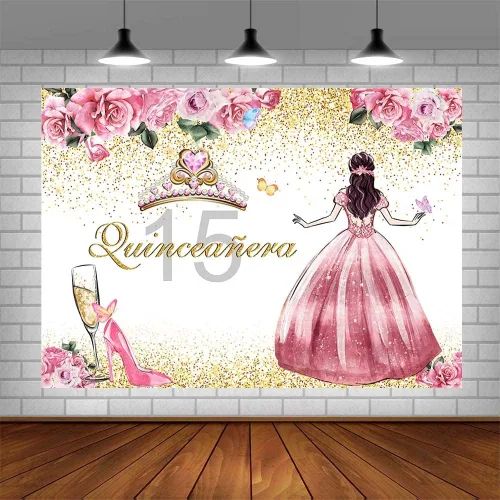 Miniatura 4 de SENDY Telón de fondo de quinceañera de 8 x 6 pies para niña, feliz cumpleaños 15, flores rosadas, tacones altos, corona, princesa, decoración