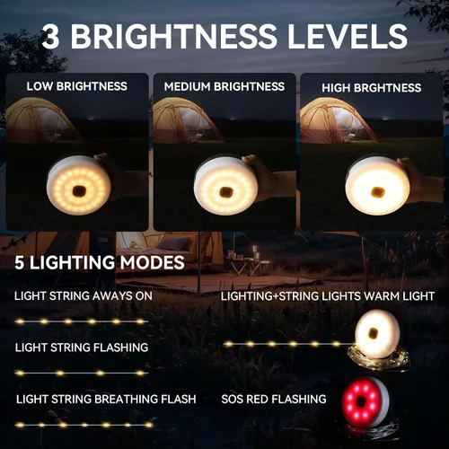 Miniatura 3 de Guirnalda de luces solares para campamento, 39.4 pies, portátil, impermeable, con 8 modos de iluminación, funciona con energía solar y recargable