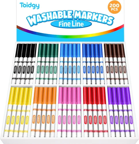 Toidgy 200 marcadores lavables para niños, marcadores de colores a granel para la escuela, juego de marcadores finos en 10 colores surtidos,
