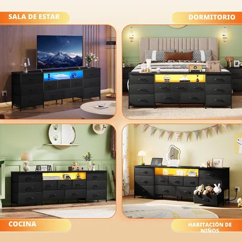 Miniatura 4 de WLIVE Soporte de TV de 75.5 pulgadas para TV de 65, 75, 80, 85 pulgadas, cómoda para dormitorio con tomas de corriente y luces LED, cómoda de tela
