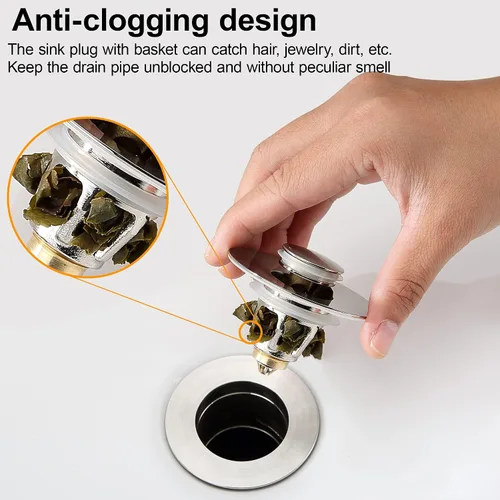 Miniatura 3 de Tapón de drenaje para fregadero de baño para orificios de drenaje estándar de 1.1 a 1.5 pulgadas, tapones de fregadero emergentes, filtro de drenaje