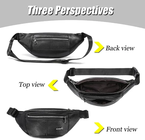 Miniatura 7 de Riñonera de cuero negro para hombres y mujeres, bolsa de cintura de cuero genuino con correa ajustable para caminar, senderismo, ciclismo, C805#Negro