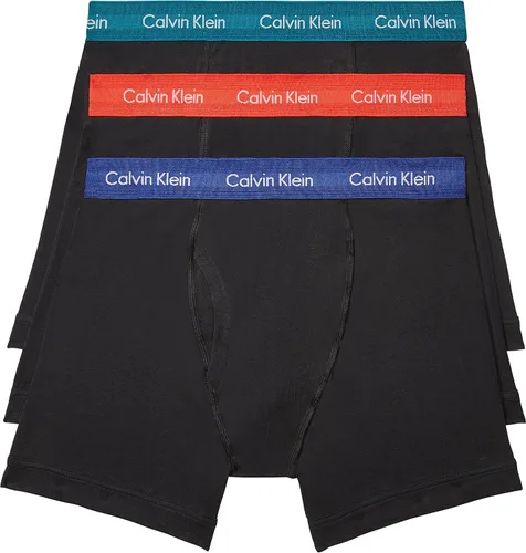 Calvin Klein - Paquete de ropa interior elástica de algodón, tipo bóxer, para hombre, Cuerpo negro con azul, coral exótico, piedra topacio, S