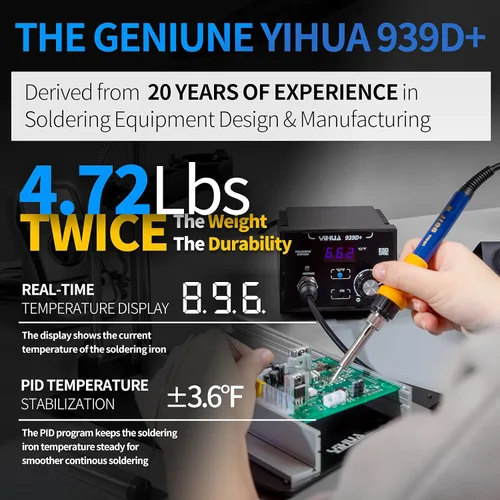 Miniatura 5 de YIHUA Paquete de estación de soldadura profesional 939D+ con tapete de reparación electrónica M180 de 17.32 x 12.20 pulgadas con soporte de hierro