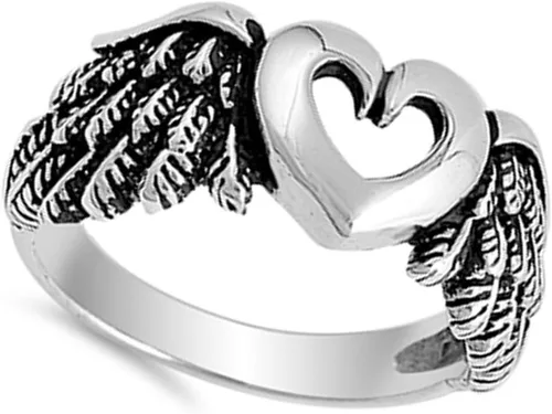 Miniatura 3 de Recorte Corazón Alas De Ángel Anillo de banda de plata de ley 925, Biker tamaños 512