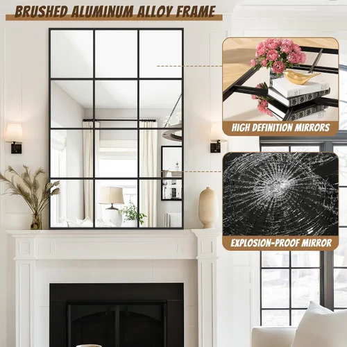 Miniatura 5 de Antok Espejo de pared, espejo decorativo de ventana de 24 x 36 pulgadas, espejo de pared con marco de metal, colgante o inclinado para sala
