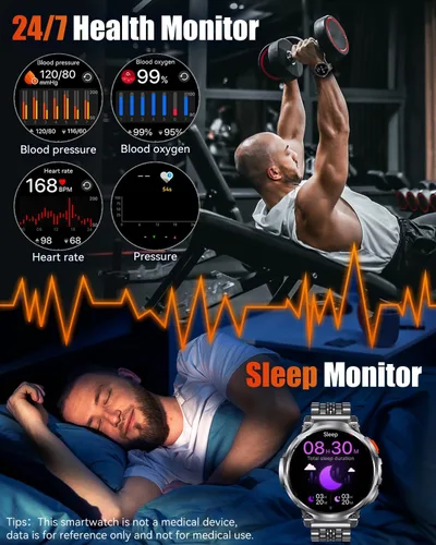 Miniatura 5 de Relojes inteligentes militares para hombres con llamada Bluetooth, pantalla HD de 1.85 pulgadas, reloj inteligente impermeable con linterna, 114