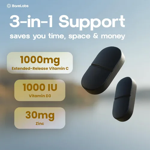 Miniatura 3 de Time Release Vitamina C 1000 mg + Vitamina D3 1000 UI + Zinc 30 mg Apoyo inmunológico y refuerzo de colágeno Sin OMG, antioxidante durante todo