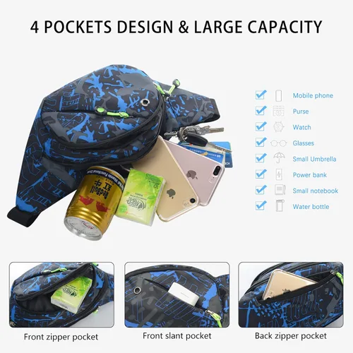 Miniatura 4 de Riñonera para hombres y mujeres, multifunción, resistente al agua, cinturón ajustable, para caminar y correr, Azul Patchwork, Clásico