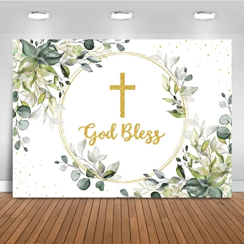 Miniatura 7 de Mocsicka Telón de Fondo de Bautizo con Vegetación Verde y Dorado Dios Te Bendiga Fondo Primera Santa Comunión Bautizo Fiesta Decoración de Mesa