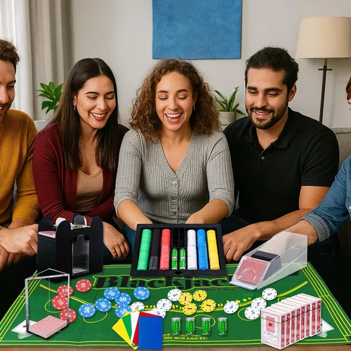 Miniatura 7 de Juego de mesa de casino, Blackjack/Texas Hold'em/Poker con zapato de cartas, bandeja de descarte, barajador automático, rastrillo de fichas, 360