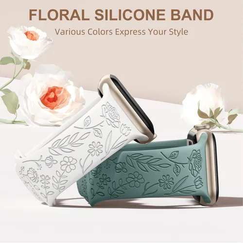 Miniatura 2 de DaQin Paquete de 4 correas florales grabadas compatibles con Apple Watch para mujeres de 40mm 41mm 42mm 44mm 45mm 46mm 38mm 49mm, correa de silicona