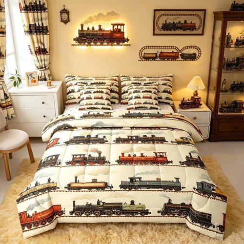 Feelyou Juego de edredón de tren vintage de 7 piezas, diseño retro de motor de vapor para niños y niñas, juego de ropa de cama retro de tren de