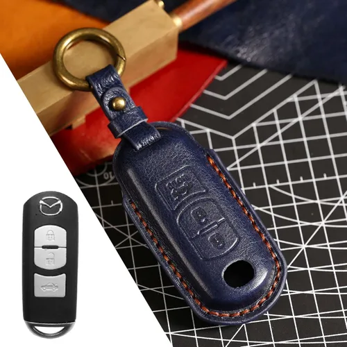 Miniatura 3 de Funda de cuero para llavero de 3 botones compatible con Mazda 2 3 3 Axela 5 6 6 Atenza 8 CX-3 CX-4 CX-5 CX-7 CX-9 MX-5 MX-5 Miata Accesorios de Azul