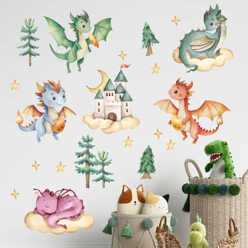 Miniatura 6 de Yovkky Adhesivos de pared de dragón bebé, calcomanías de castillo de acuarela, pino, nube, luna, estrellas, decoración neutra para vivero de niños