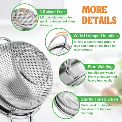 Miniatura 4 de P&P CHEF Colador de acero inoxidable de 3 cuartos de galón, colador de metal microperforado para alimentos de cocina, ideal para enjuagar, lavar