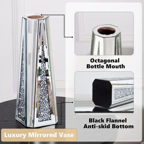 Miniatura 6 de SHYFOY Jarrón de flores con espejo de diamante triturado para decoración del hogar, cristal plateado, jarrón decorativo de espejo impresionante