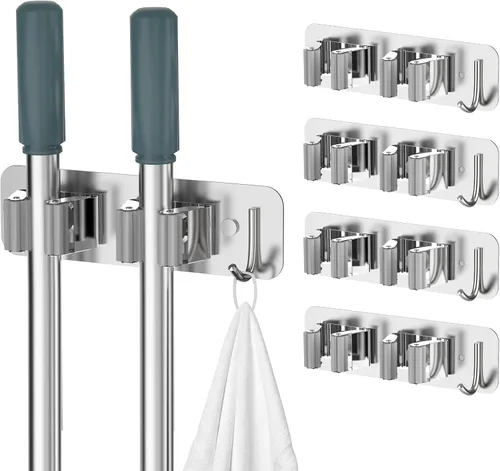 Miniatura 10 de homeasy - Soporte de pared para escoba y fregona, organizador con ganchos de acero inoxidable resistente Pack de 2, instalación sin taladro ni