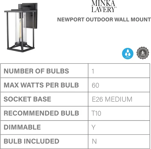 Miniatura 3 de Minka Lavery Farmhouse 72472-66 Trescott - Farol de pared exterior para exteriores, 1 luz de 60 vatios, color negro