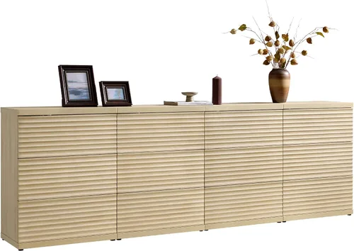 Miniatura 19 de SICOTAS Aparador buffet con almacenamiento, moderna credenza de acento acanalada con 3 cajones más grandes, mesa consola multimedia de mediados