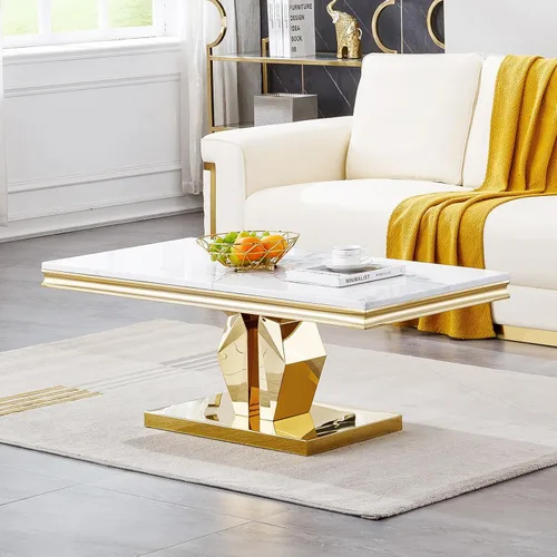 Miniatura 18 de Mesa de centro de mármol negro Henf de lujo, mesa auxiliar rectangular de mármol sintético de imitación con base de acero inoxidable dorado