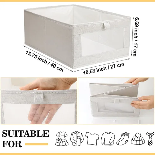 Miniatura 2 de Kigley 12 unidades de lino organizadores y almacenamiento plegables para ropa, caja plegable grande con cestas de almacenamiento de ventana