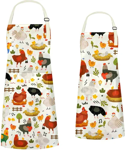 Juego de delantales de cocina de pollo, delantales a juego de pollo para niños y adultos, bonitos delantales para padres e hijos con 2 bolsillos,