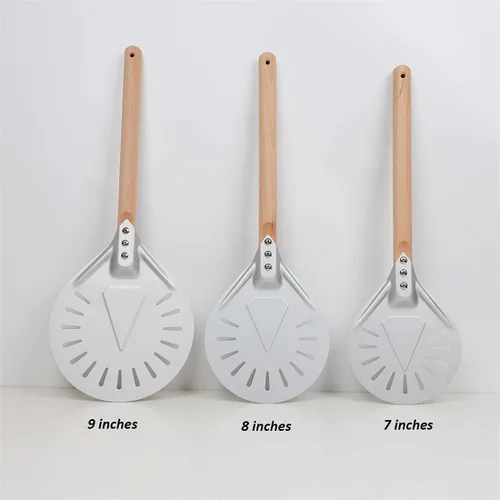 Miniatura 4 de Peeling redondo perforado para pizza, cáscara de pizza de aluminio con mango de madera desmontable de 15.7 pulgadas para pizza casera (8 pulgadas)